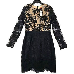 Monique Lhuillier Black and Nude Lace Appliqué Mini Dress